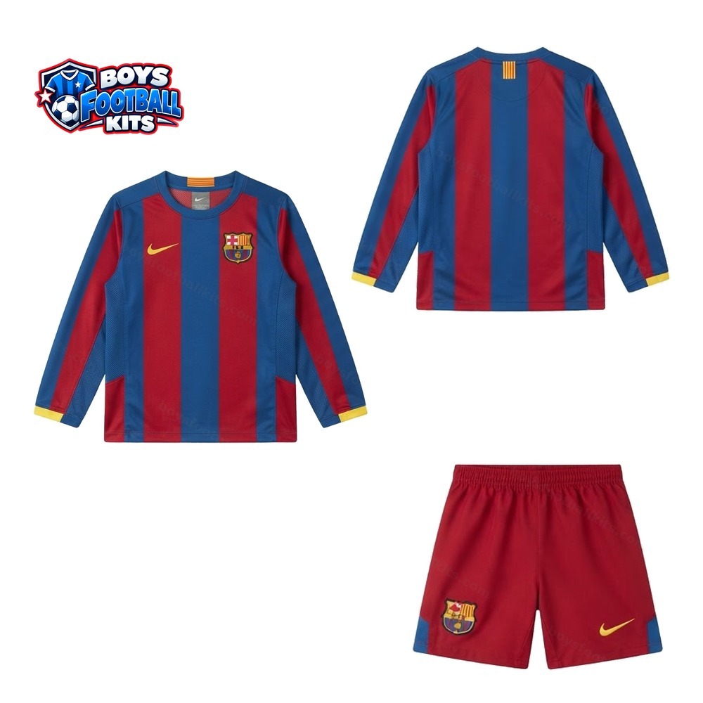 Barcelona Retro Home Long Sleeve Kids Football Kit 05/06 Front and Back View