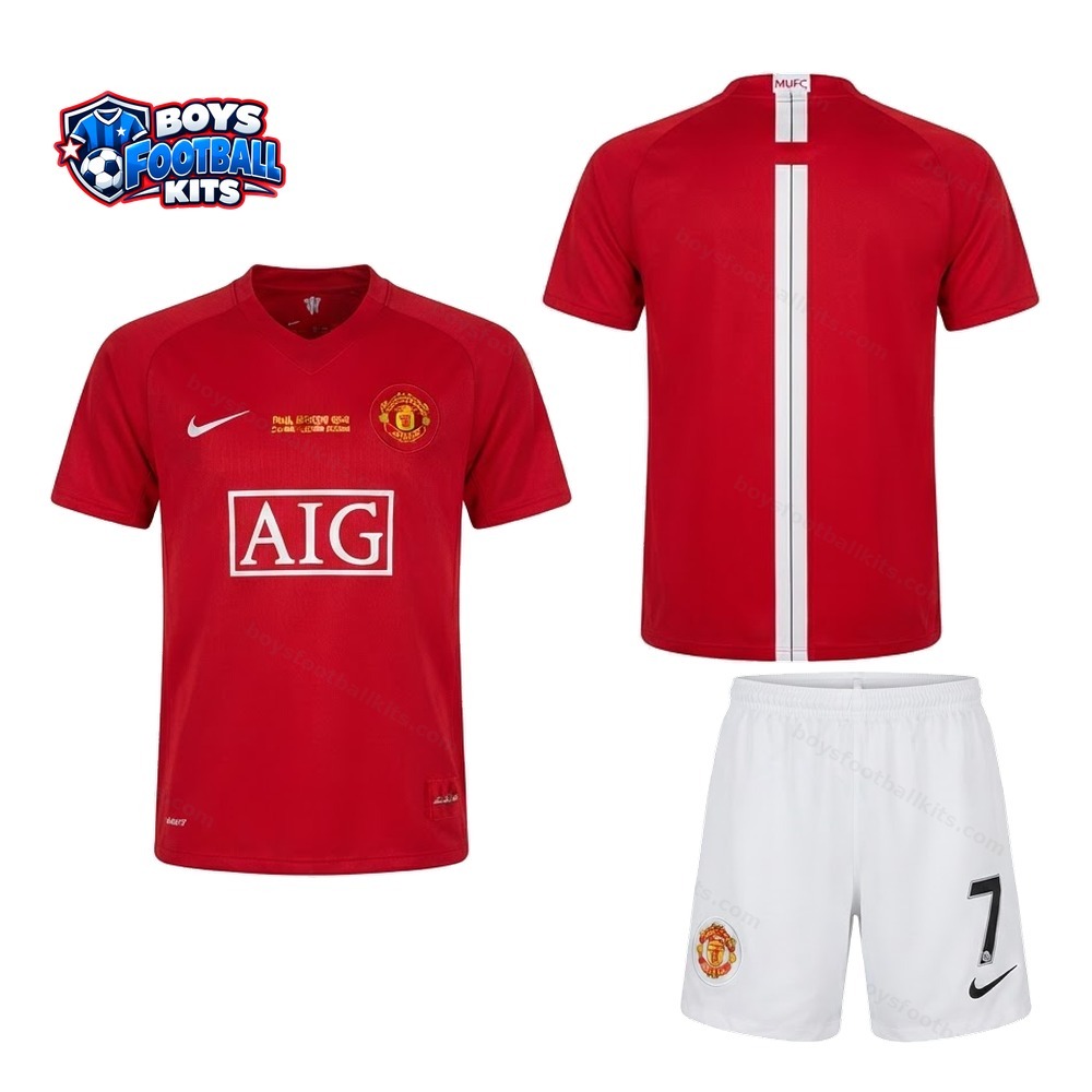 Manchester United Retro Home Kids Football Kit 07/08 Front and Back View