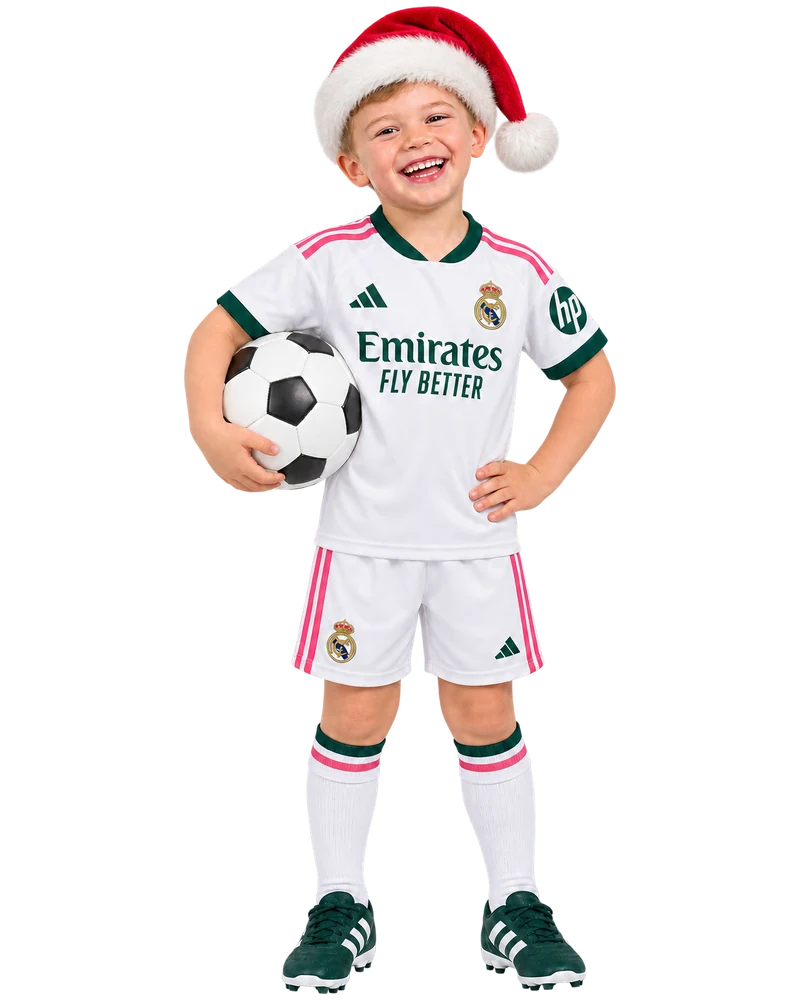 Boy aged 4 holding a football, wearing a kids football kit – ages 3 to 5