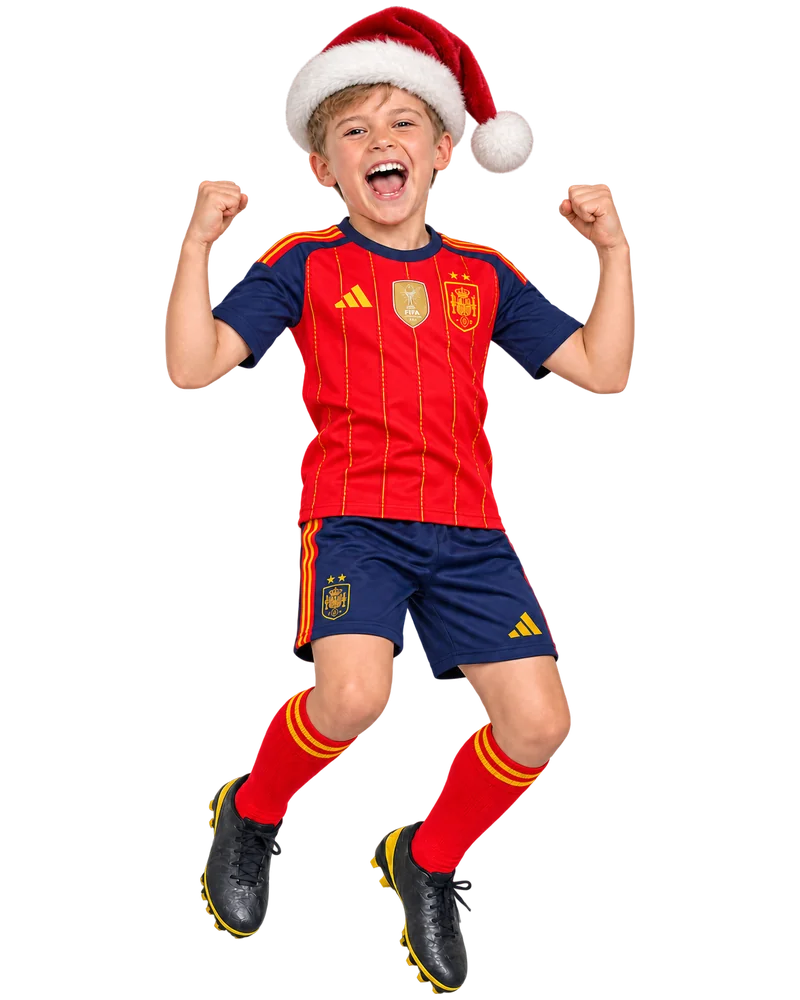 Boy aged 9 jumping in celebration, wearing a kids football kit – ages 8 to 10