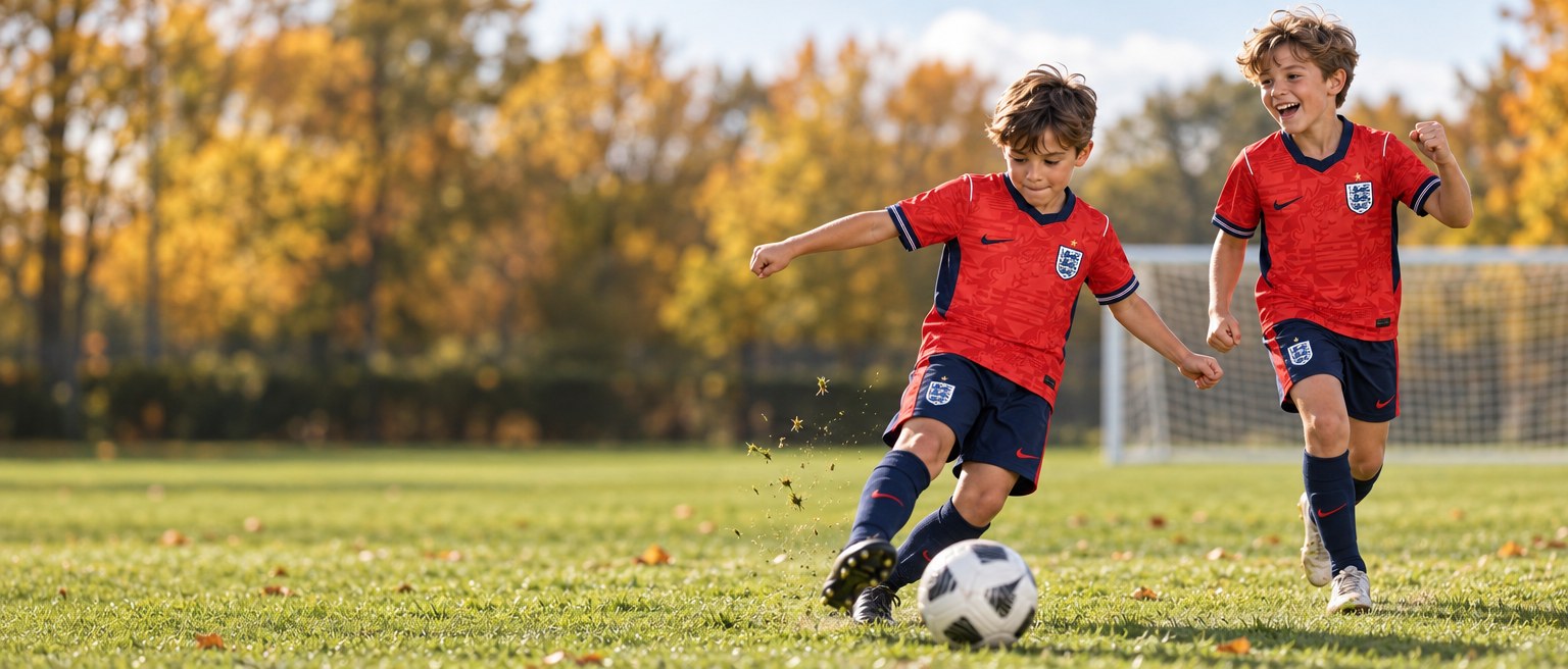Two boys playing football wearing England Away Kids Football Kit 2026 shirt and shorts set
