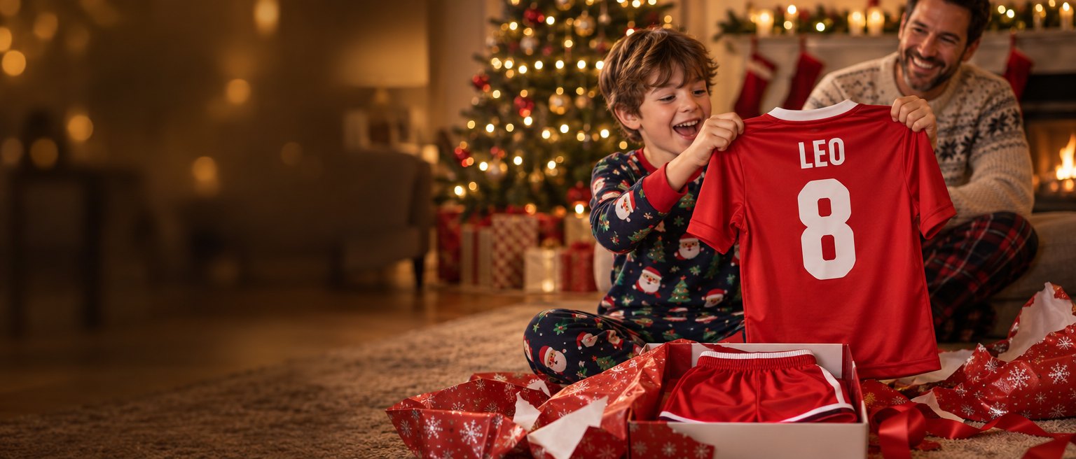 Happy 8-year-old boy unwrapping personalised kids football kit with name LEO and number 8 on Christmas morning