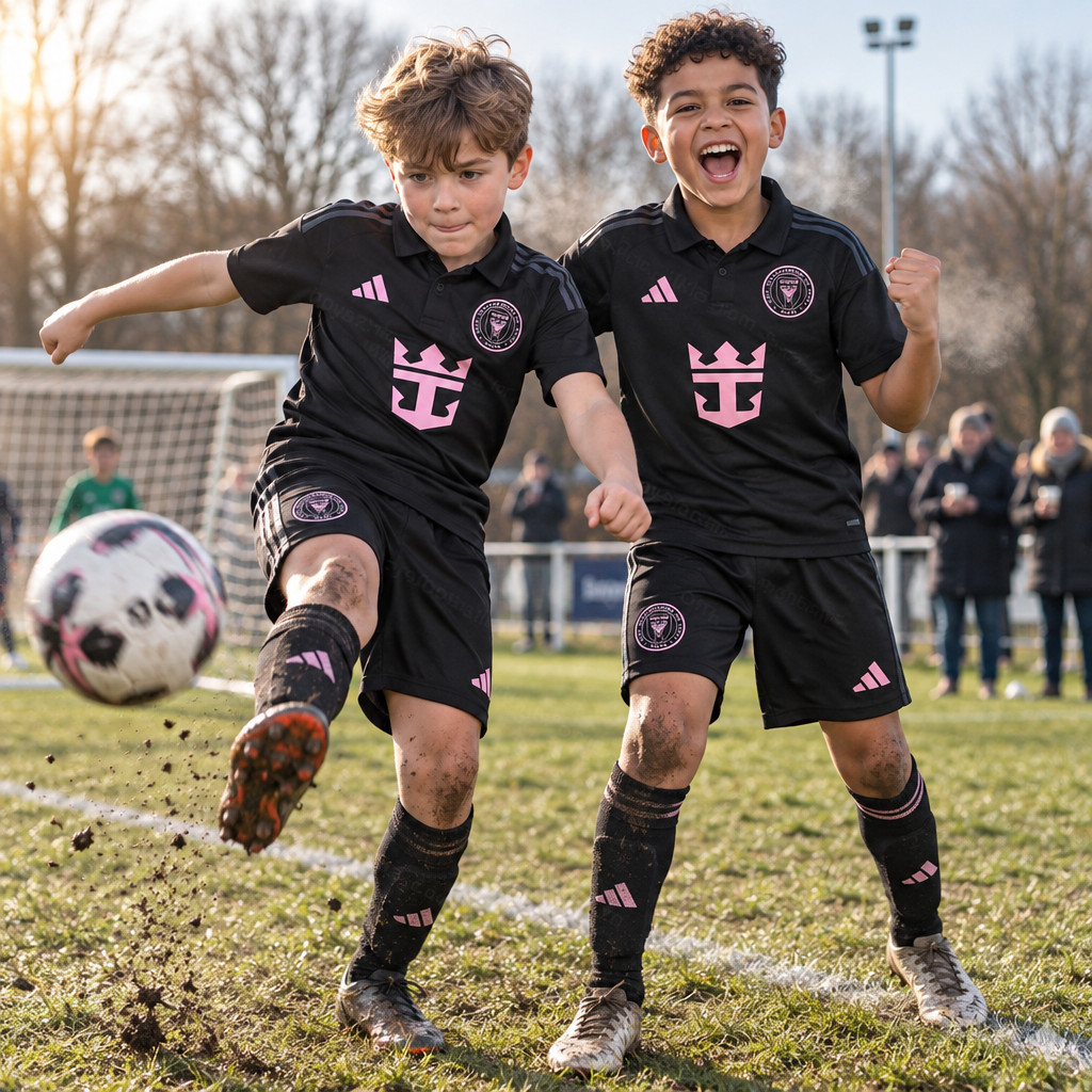 Inter Miami Away and Third Gift Pack Kids Football Kits 26/27 - boys wearing kids football kits on UK pitch