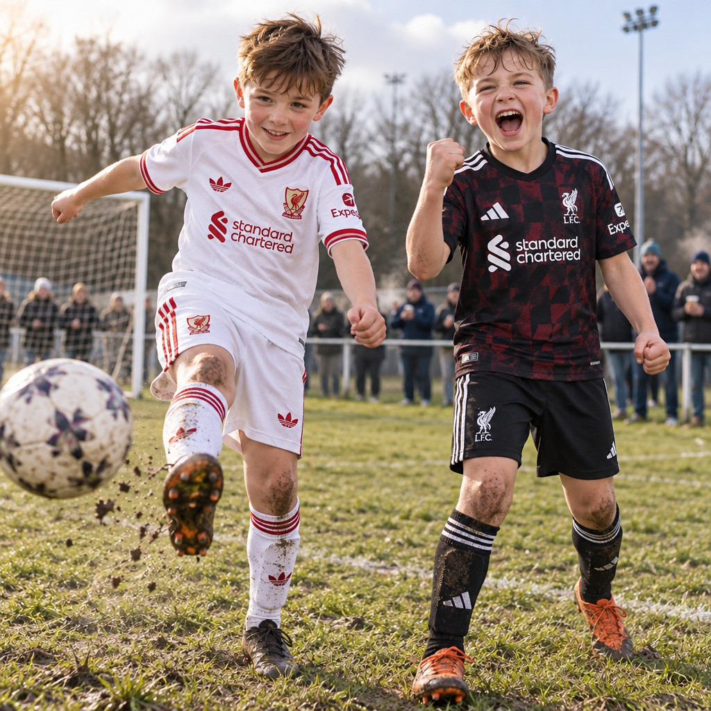 Liverpool Away and Third Gift Pack Kids Football Kits 26/27 - boys wearing kids football kits on UK pitch
