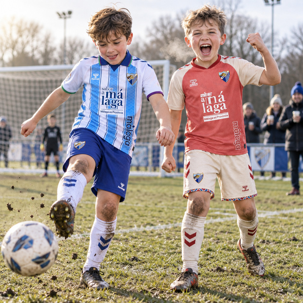 Malaga CF Home and Away Gift Pack Kids Football Kits 26/27 - boys wearing kids football kits on UK pitch