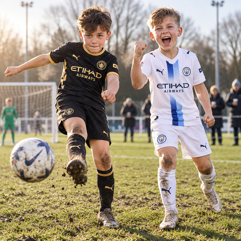 Manchester City Away and Third Gift Pack Kids Football Kits 26/27 - boys wearing kids football kits on UK pitch