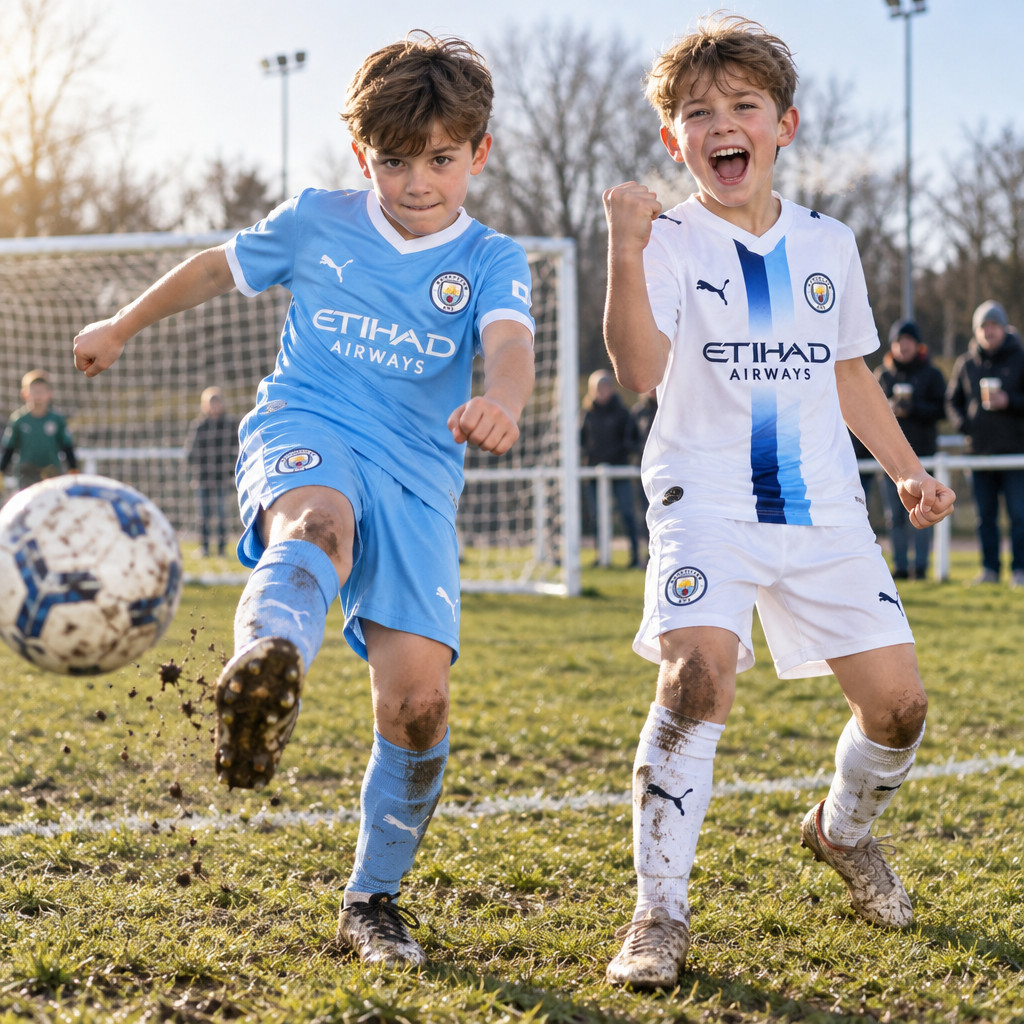 Manchester City Home and Third Gift Pack Kids Football Kits 26/27 - boys wearing kids football kits on UK pitch