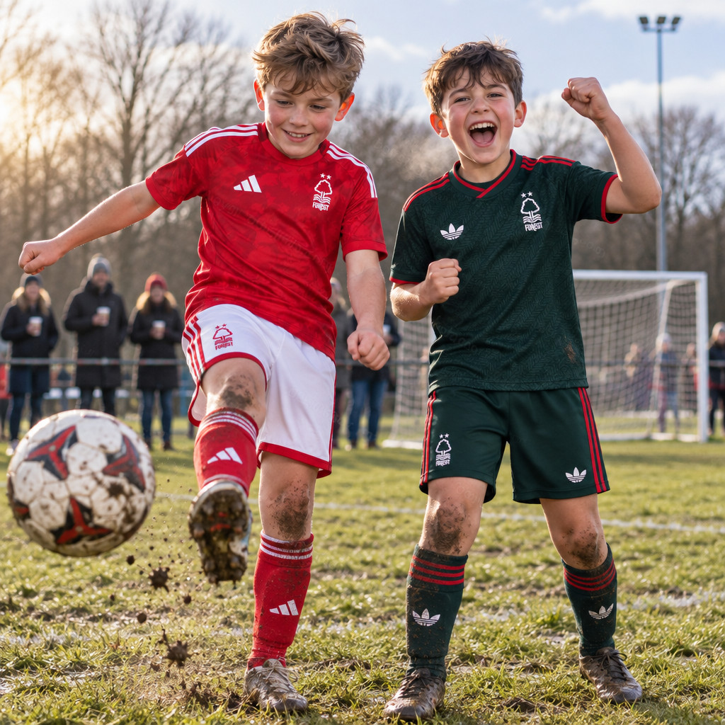 Nottingham Forest Home and Away Gift Pack Kids Football Kits 26/27 - boys wearing kids football kits on UK pitch