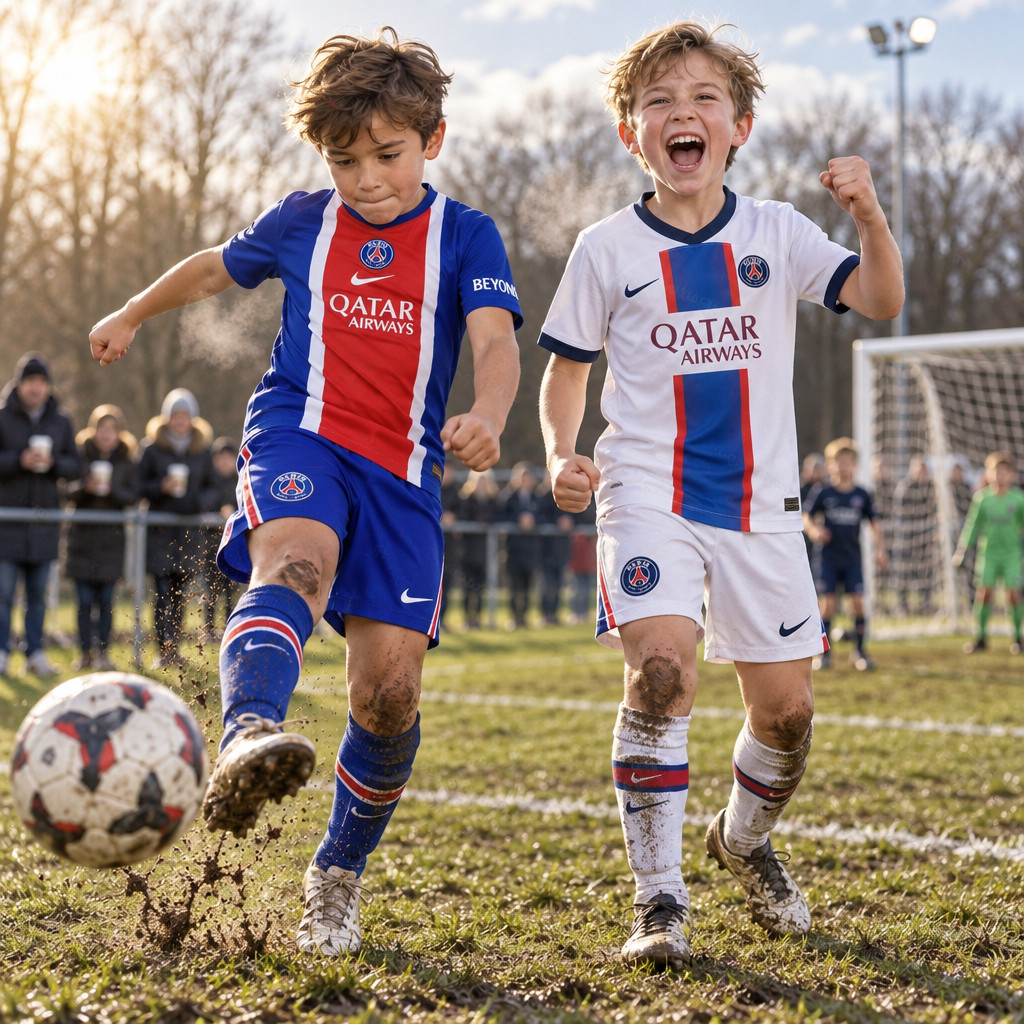 PSG Home and Away Gift Pack Kids Football Kits 26/27 - boys wearing kids football kits on UK pitch