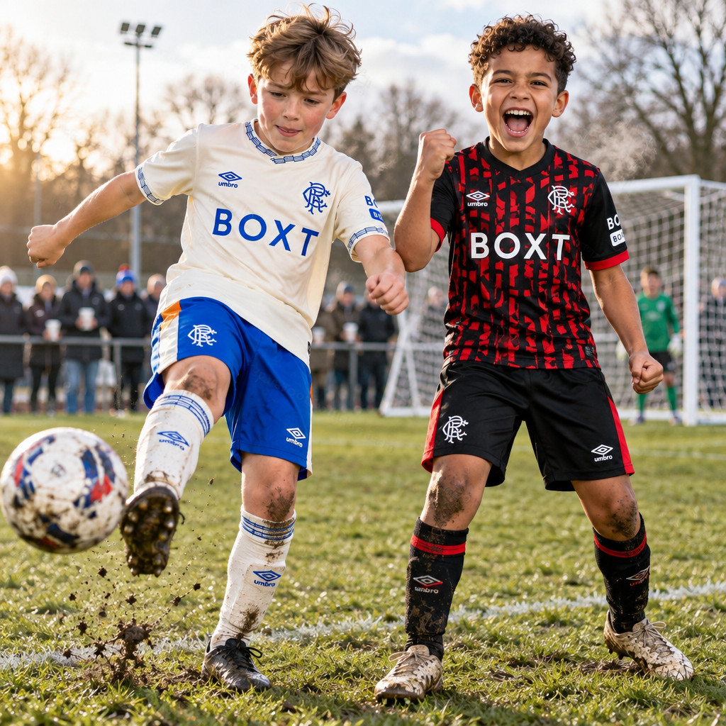 Rangers Away and Third Gift Pack Kids Football Kits 26/27 - boys wearing kids football kits on UK pitch