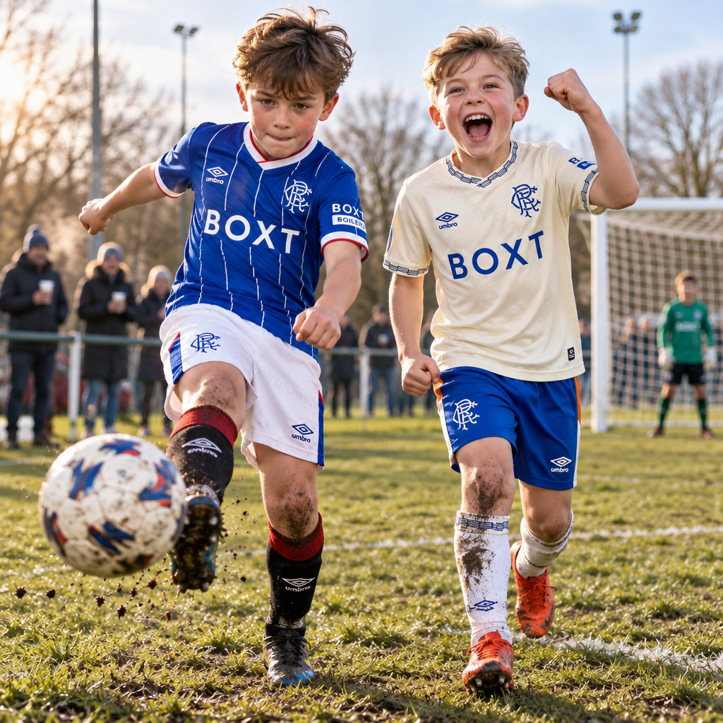 Rangers Home and Away Gift Pack Kids Football Kits 26/27 - boys wearing kids football kits on UK pitch