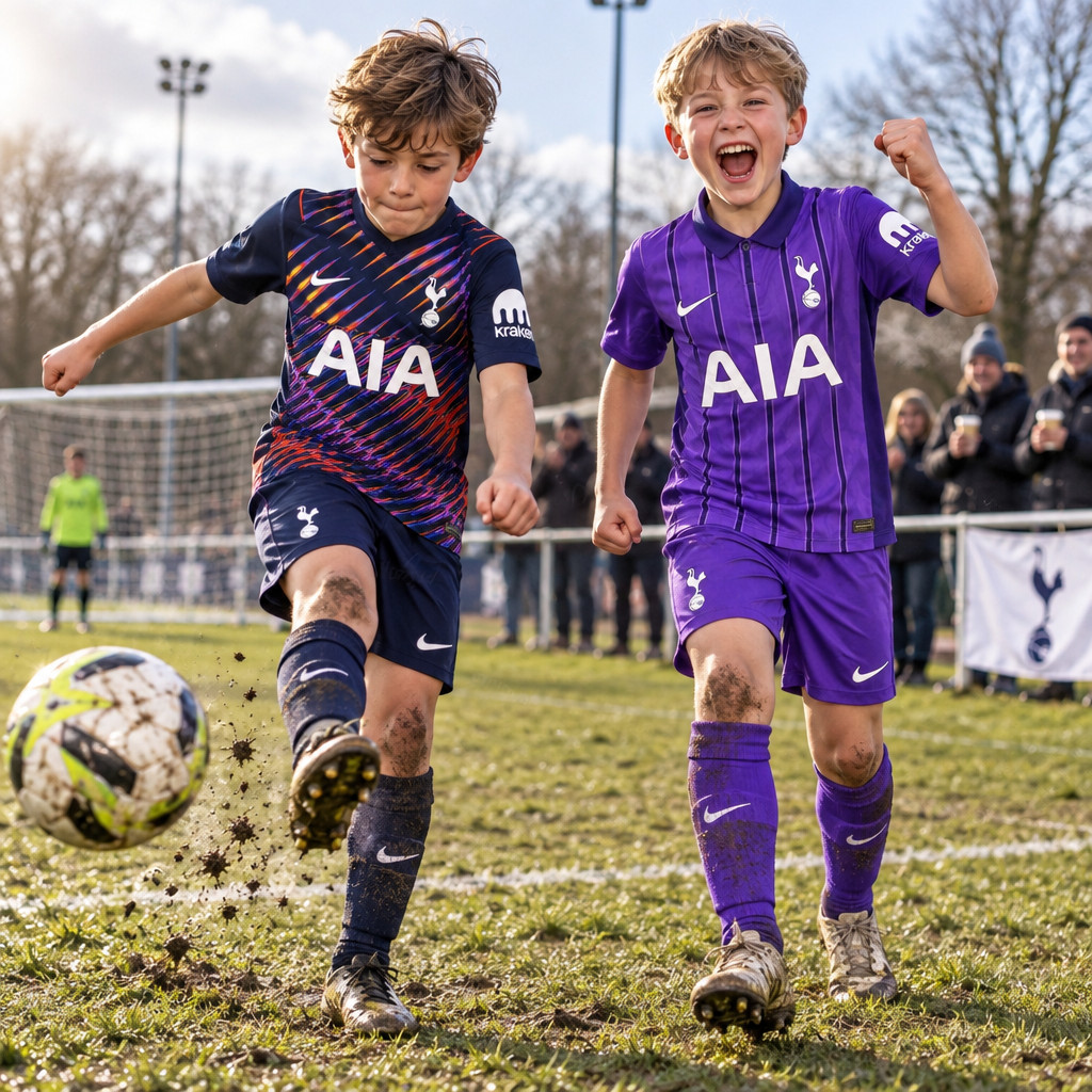 Tottenham Hotspur Away and Third Gift Pack Kids Football Kits 26/27 - boys wearing kids football kits on UK pitch