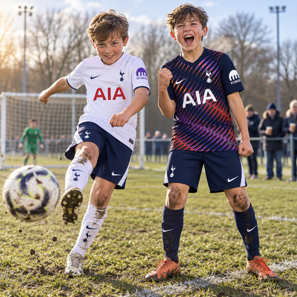 Tottenham Hotspur Home and Away Gift Pack Kids Football Kits 26/27 - boys wearing kids football kits on UK pitch