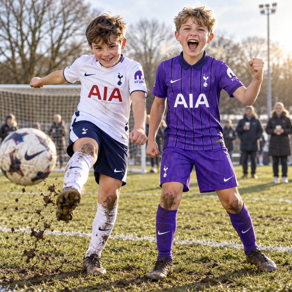Tottenham Hotspur Home and Third Gift Pack Kids Football Kits 26/27 - boys wearing kids football kits on UK pitch