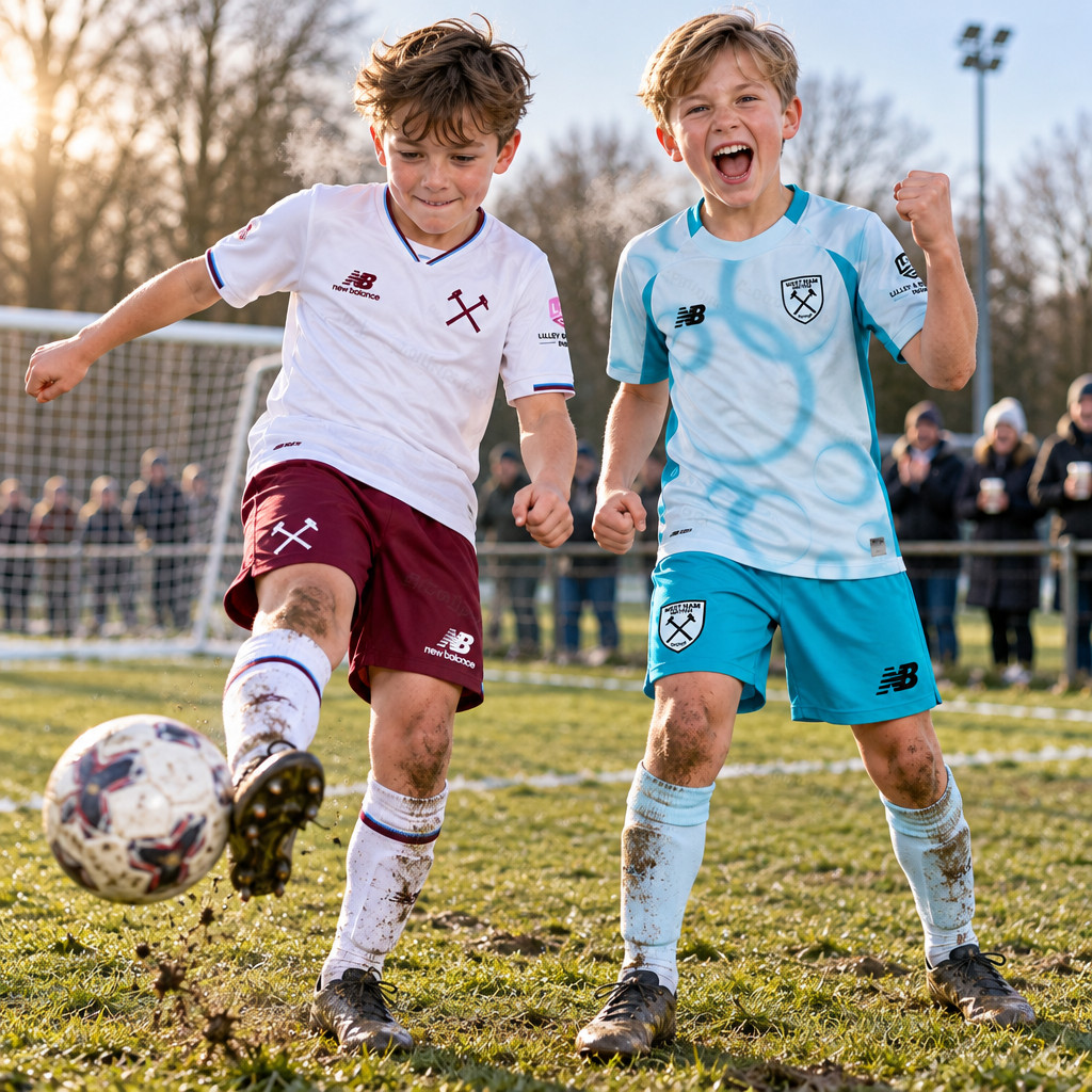 West Ham United Away and Third Gift Pack Kids Football Kits 26/27 - boys wearing kids football kits on UK pitch
