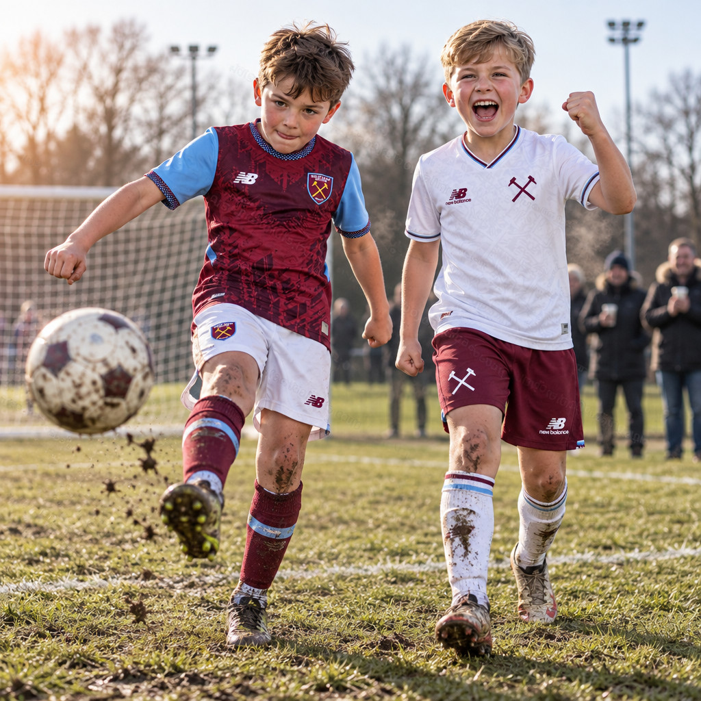West Ham United Home and Away Gift Pack Kids Football Kits 26/27 - boys wearing kids football kits on UK pitch