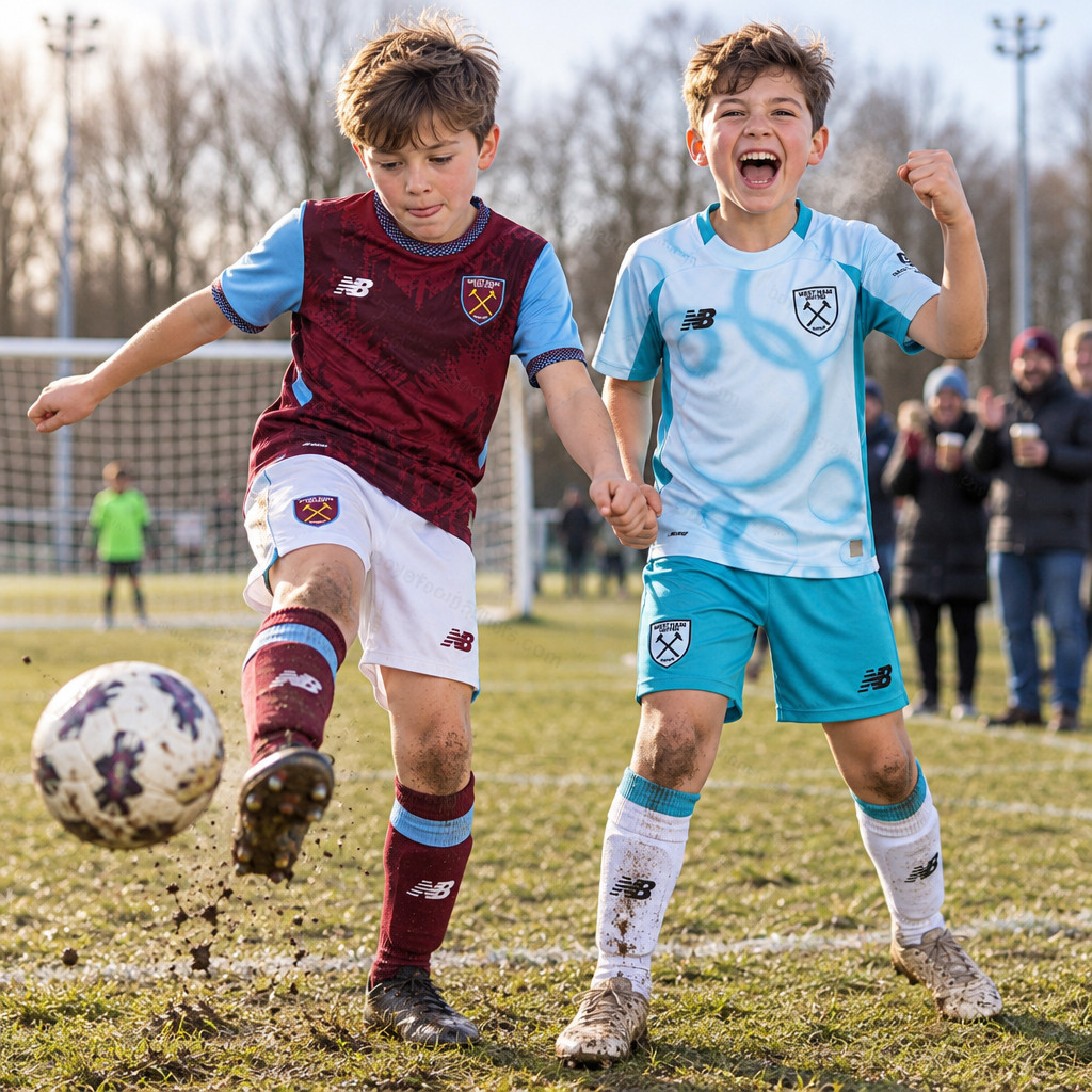 West Ham United Home and Third Gift Pack Kids Football Kits 26/27 - boys wearing kids football kits on UK pitch